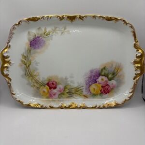 Antique Limoges Hand Painted Floral Porcelain Platter Gilt Scalloped